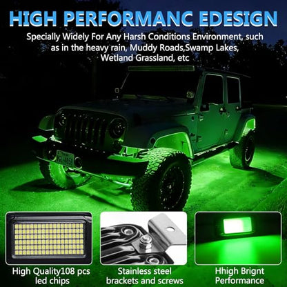 Nicoko 108 High-Power LEDs per Pod 4Pods Pure Green Rock Lights Ultra-Bright Offroad Underglow Kit Advanced Heat Dissipation IP68 Waterproof for Truck, SUV, UTV, ATV, RZR - size: Pure green rock lights