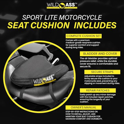 Wild Ass Sport Lite – Motorcycle Air Gel Seat Pad, Ergonomic Air-Adjusting Cushion with Straps, Universal Fit for Ultimate Rider Comfort & Relief, Cool Flow Motorcycle Accessory for Long Rides – Black - style: Lite