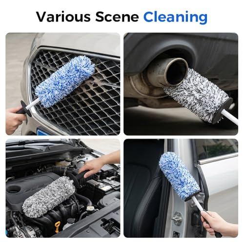 Wheel Barrel Cleaning Brush,2026 New Long Handle Microfiber Wheel Brush Car Duster,Lightweight Rim Detailing Tool for Narrow Spokes & Brake Calipers (Black+Blue Set) - color: Black+Blue Set