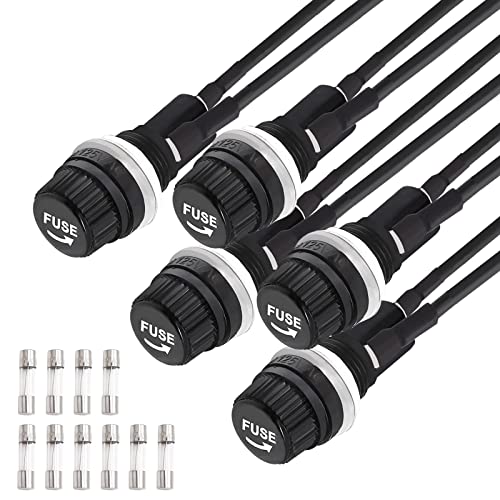 Tnisesm 5 Pcs Panel Mounted 5x20mm Screw Cap Fuse Holder with Pre-Soldered Wires AC 250V 10A/AC 125V 15A with 10 Pcs Glass Tube Fuse(10A+15A) - color: 5PCS
