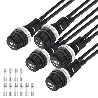 Tnisesm 5 Pcs Panel Mounted 5x20mm Screw Cap Fuse Holder with Pre-Soldered Wires AC 250V 10A/AC 125V 15A with 10 Pcs Glass Tube Fuse(10A+15A) - color: 5PCS