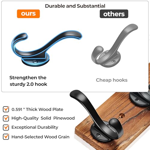 Coat Rack Wall Mount, Pre-Assembled 16" Coat Hooks with 5 Hooks, Heavy Duty Rustic Farmhouse Wood Plank Hooks for Hanging Hat, Clothes, Keys, Jacket, Purse - Door, Entryway, Mudroom - size: Pine wood - black hook