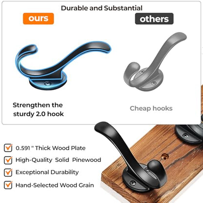 Coat Rack Wall Mount, Pre-Assembled 16" Coat Hooks with 5 Hooks, Heavy Duty Rustic Farmhouse Wood Plank Hooks for Hanging Hat, Clothes, Keys, Jacket, Purse - Door, Entryway, Mudroom - size: Pine wood - black hook