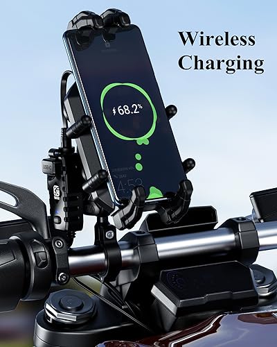 BRCOVAN Motorcycle Phone Mount with Qi Wireless & USB-C Charger | Qi 15W & PD 30W, Anti-Theft Handlebar Cellphone Holder with Vibration Dampener, Adjustable for 5.4-7.2'' Smartphone