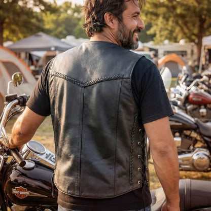 Hot Leathers Men’s Black ‘Buffalo Nickel Snap’ Leather Vest with Side Laces & Braided Detail - color: Vsm1008-black, size: 3X-Large
