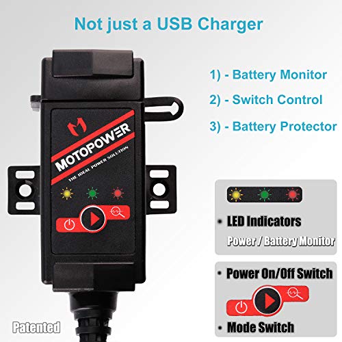 MOTOPOWER MP0608A 3.1Amp Motorcycle Dual USB Port SAE to USB Adapter Battery Monitor with Switch Control and LED Indicator