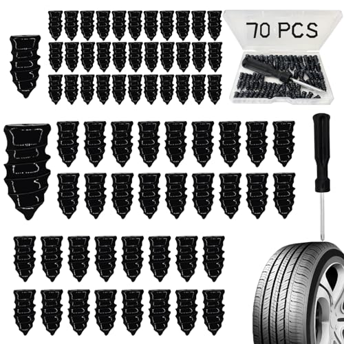 Tire Repair Nails 70PCS, Rubber Screw in Tyre Repair Screws Plugs Flat Tire Fix Rubber Nail Kits Heavy Duty Vacuum Tyre Tool with Screwdriver Box for Car Motorcycle Truck Jeep Puncture (35S+35L)