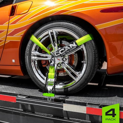 VULCAN Car Tie Down with Chain Anchors - Lasso Style - 2 Inch x 96 Inch - 4 Pack - High-Viz - 3,300 Pound Safe Working Load - size: Chain Anchors - High Viz Green (4 Pack)