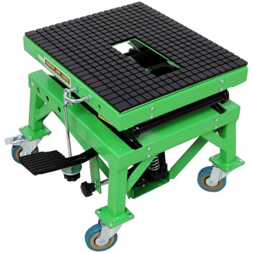 350 LBS Hydraulic Motorcycle Lift Jack, Foot-Operated Scissor Lift Stand with Locking Casters, J-Hook & Rubber Top Platform for Dirt Bikes, Motorcycles and ATVs