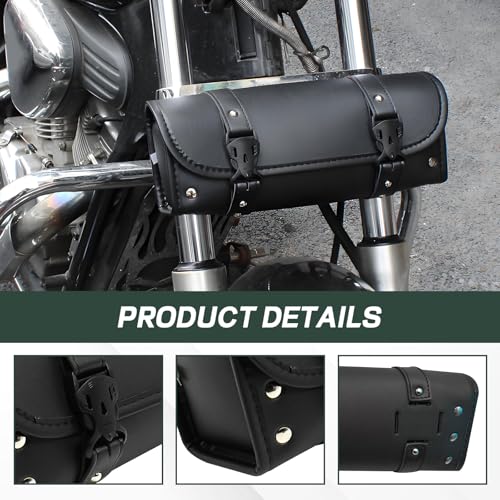 Hovom Motorcycle Handlebar Bag, Waterproof PU Leather Motorcycle Tool Bag for Front Fork, Large Capacity Fork Storage Roll Bags, Sissy Bar Storage Roll Pouch with Adjustable Mounting Straps