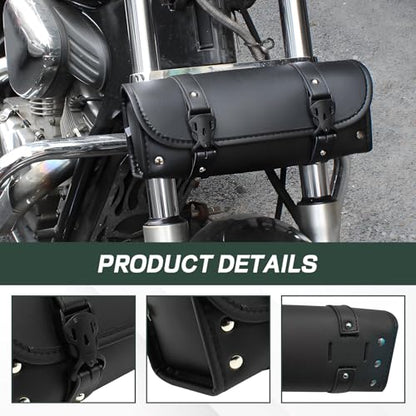 Hovom Motorcycle Handlebar Bag, Waterproof PU Leather Motorcycle Tool Bag for Front Fork, Large Capacity Fork Storage Roll Bags, Sissy Bar Storage Roll Pouch with Adjustable Mounting Straps