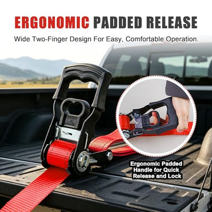 AWELCRAFT Ratchet Straps(4 Pack),3300lb Breaking Strength,1.5in×10ft Heavy Duty Tie Down Ratcheting with Padded Handles,Double J Hooks & 4 Soft Loops for Trailer,Trucks,Motorcycle(Red) - color: Red