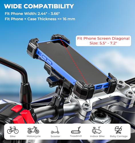 VAZESWIN Motorcycle Phone Mount with Vibration Dampener, 1s Lock Bike Phone Holder with Aluminum Alloy Handlebar Mounting Base, One-Handed Operation Motorcycle Cellphone Mount for 5.5"-7.2" Smartphone