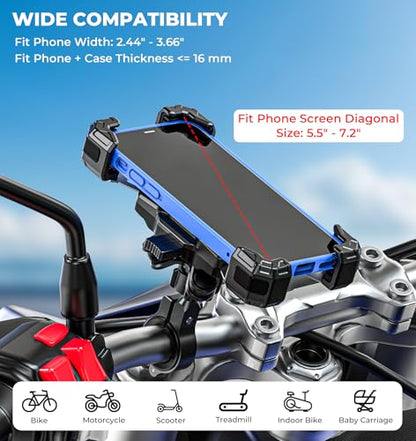 VAZESWIN Motorcycle Phone Mount with Vibration Dampener, 1s Lock Bike Phone Holder with Aluminum Alloy Handlebar Mounting Base, One-Handed Operation Motorcycle Cellphone Mount for 5.5"-7.2" Smartphone