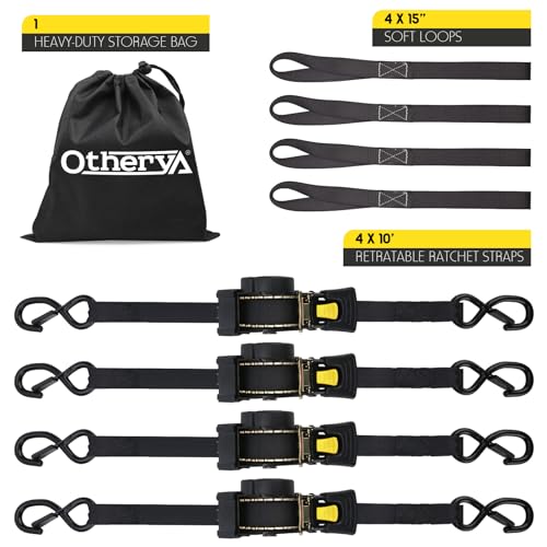 Retractable Ratchet Straps | 4 Heavy Duty Ratchet Straps Self Retractable Tie Down Straps with Soft Loops & Storage Bag for Motorcycle, Truck, Trailer | 1100 Lb Break Strength 1” x 7’ - size: 4 Pack