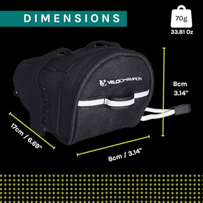 VeloChampion Black Bike Seat Pack Under Saddle Bag | 1 Litre Storage | Ideal for Mountain Road or Hybrid Bikes | Reflective | Water Resistant | Perfect for Repair Kits and Cycling Accessories