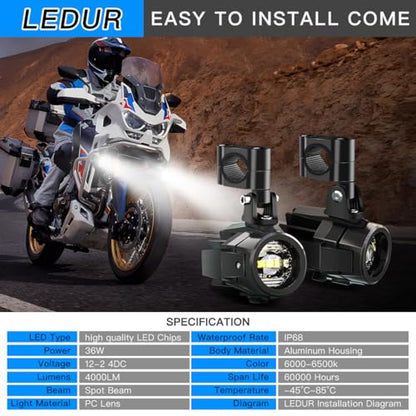 LEDUR Motorcycle LED Fog Light Kit Spot Auxiliary Driving Lights with Switch Wiring Harness Clamp Mount Brackets Kit for R1200GS F800GS Adventure Touring Motorcycle E-Bike ATV UTV 40W