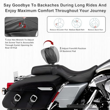 Motorcycle Quick Release Plug-in Driver Backrest Fit For Harley Touring Road King Glide 2009-2026 Adjustable Detachable Rider Pad with Mounting Kit (Black String)