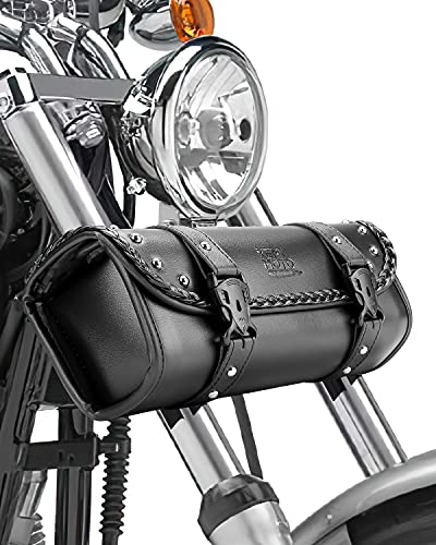 KEMIMOTO Motorcycle Tool Fork Bag PU Leather Universal Saddlebag for Front Fork Handlebar Sissybar Storage Pouch Motorcycle Roll Bag (Black Classic Buckle) - style: Black Classic Buckle