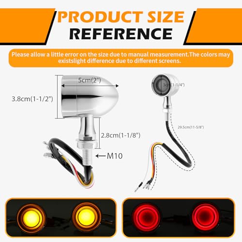 DREAMIZER Motorcycle Led Turn Signal Lights 2pcs,Bullet Blinker Motorcycle Front Rear Brake Light Universal Compatible with Harley Honda Suzuki Triumph Yamaha Bobber Cafe Racer Chopper - color: A-Rear/Chrome shell + yellow-red light