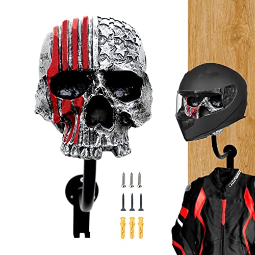 Motorcycle Helmet Rack Wall Mount,Red Skull Helmet Holder Wall Mount with 2 Hooks Helmet Hanger for Coats, Caps, Baseballs and Rugby Helmet,Motorcycle Accessories - color: Red