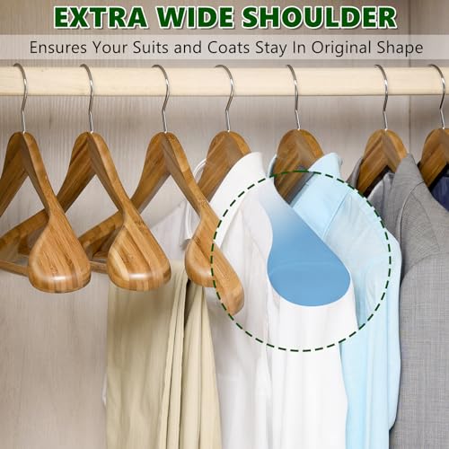 Amber Home 6 Pack Wide Shoulder Bamboo Wood Suit Coat Hangers, Wooden Clothes Hangers with Pants Bar, Heavy Duty Jacket Hangers for Dress, Pants, Heavy Clothes - size: Bamboo