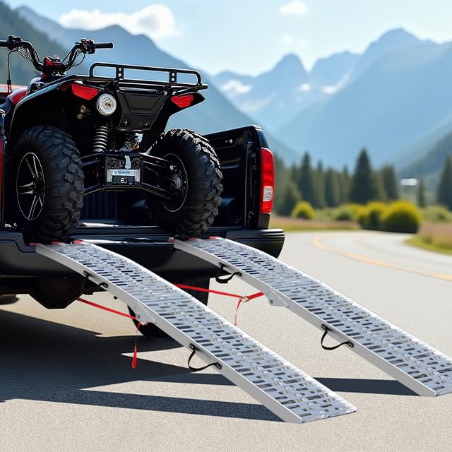 Ruedamann 7.5FT Aluminum Motorcycle Ramp, 750 lbs Capacity, Folding Truck Ramp for ATV, Motorcycle, Lawn Mower, Dirt Bike, Ribbed Plate Traction, Rubber-Tipped Fingers, Load Straps Included, 1 PC