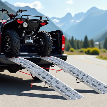 Ruedamann 7.5FT Aluminum Motorcycle Ramp, 750 lbs Capacity, Folding Truck Ramp for ATV, Motorcycle, Lawn Mower, Dirt Bike, Ribbed Plate Traction, Rubber-Tipped Fingers, Load Straps Included, 1 PC