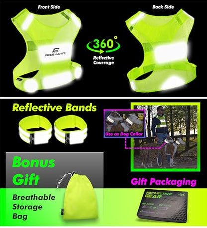 FREEMOVE Reflective Vest - Running Gear + 2 Bands & Bag/Ultralight & Comfy Safety Vests for Running, Walking, Cycling - size: Medium