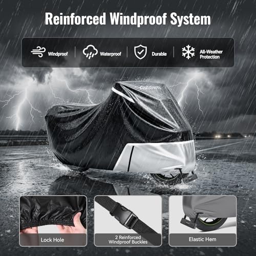 AUTOWN Motorcycle Cover Waterproof Outdoor, 420D Heavy Duty Bike Cover, Windproof & Waterproof with Reflective Strips and Air Vents, Fits Motorcycles & Scooters up to 96.5", Black & Gray - size: XL: 96.5"