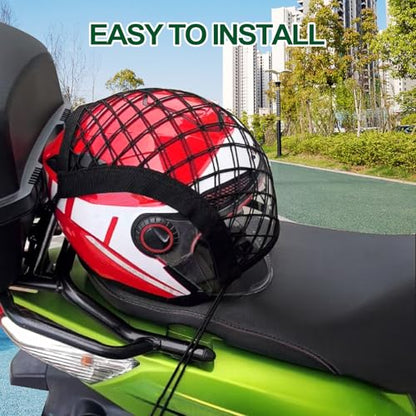 Upgrade Motorcycle Cargo Net for Helmet Storage, 10"×12" High Elastic Double Layer Bungee Net with 4 Strong Hooks, Luggage Rack Organizer for Bikes, Electric Bikes, Scooters, Motorcycles