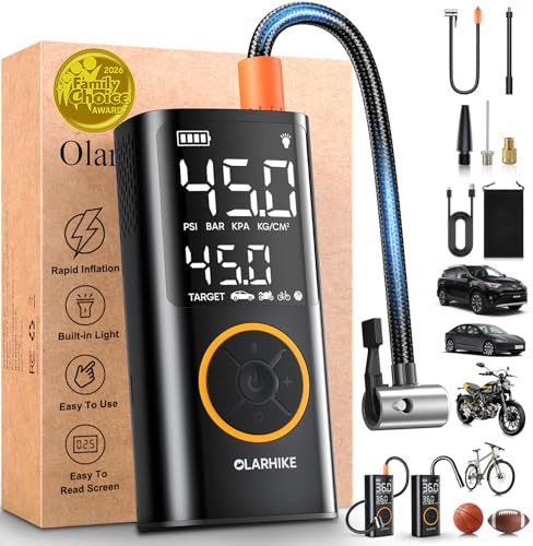 OlarHike Tire Inflator Portable Air Compressor, Smart Dual Hose System, Auto Air Pump for Car Tires, Bike,Bicycle, Motorcycles,Electric Pump with LED Light & Digital Pressure Gauge - color: Orange