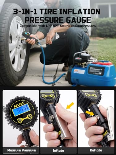 AZUNO Digital Tire Inflator with Pressure Gauge, 200 PSI Heavy Duty Air Compressor Accessories, with 14'' Steel-Braided Hose Lock on Air Chuck and Quick Connect Coupler