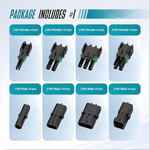 Weather Pack Connectors 26 Kits 1/2/3/4 Pin Automotive Waterproof Electrical Connectors Sealed Male Female Terminals with Removal Tool 18-14 AWG for Car Truck Marine Motorcycle - size: 1-4pin 26sets/18-14AWG