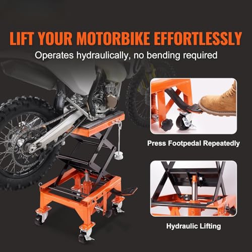Hydraulic Motorcycle Lift Table, 350 LBS Capacity Motorcycle Scissor Jack Lift with Wide Deck, J-Hooks, 4 Wheels, Hydraulic Foot-Operated Jack Stand for ATV Dirt Bikes