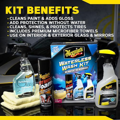 Meguiar's Waterless Wash Kit - This Premium Car Detailing Kit Gently Removes Dirt and Grime, Adds Shine and Protects Several Surfaces on Your Car Without Water – Get Amazing Results Detailing Anywhere - size: 70 Fl Oz (Pack of 1)