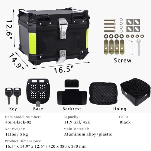 Motorcycle Top Case 45L Trunk Tail Box Bag Aluminum alloy handle with Leather Lining Anti-Theft With Double Lock Waterproof Dustproof Easy Installation with Universal Bracket Black - color: Black（45L-Double Lock）