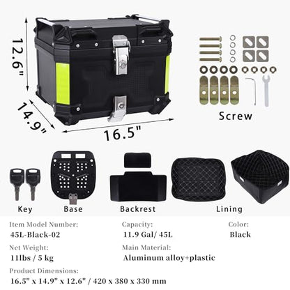 Motorcycle Top Case 45L Trunk Tail Box Bag Aluminum alloy handle with Leather Lining Anti-Theft With Double Lock Waterproof Dustproof Easy Installation with Universal Bracket Black - color: Black（45L-Double Lock）