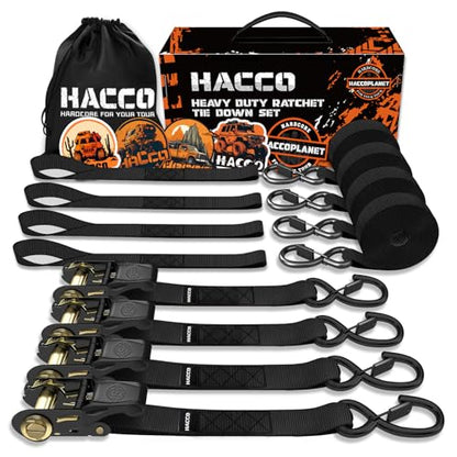 Haccoplanet Ratchet Tie Down Straps, 2340lb Break Strength, 4pc 1inch x 16FT Tie Down Strap Set with Padded Handles & Coated S Hook W/Safety Clip, Cargo Strap Tie Down for Motorcycle, Truck (Black) - color: Black