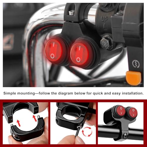 7/8" Motorcycle Light Bar Switch, Waterproof 12V 6A Handlebar Double Control Push Button Switch, Aluminium Alloy ATV ON/Off Switches for Headlights Spotlights Fog Lights