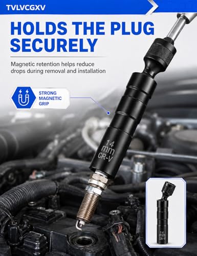 2026 Upgraded 14mm Swivel Magnetic Spark Plug Socket, 3/8" Drive 12-Point Thin Wall Spark Plug Socket, CR-V Steel with Black Phosphate Coating, Professional Removal Tool