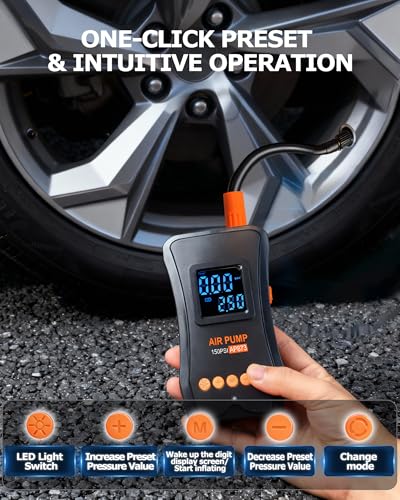 Tire Inflator Portable Air Compressor, 150PSI Dual Power - 4000mAh & 12V DC, Cordless Mini Bike Pump with Digital Dual Values Display/LED Light, tire Air Pump for Car Tires, Bike, Motorcycle, Bicycle