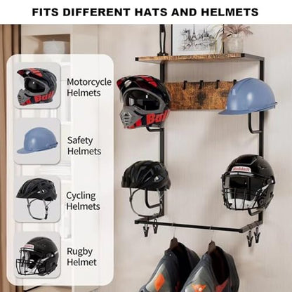 Motorcycle Helmet Holder Wall Mount, Rustic Helmet Rack With Layer Wooden Boards and 4 Hat Stands for Motorcycle Gear Accessories Storage 4 Clips 4 Hooks for Glove Key Jacket Hanging