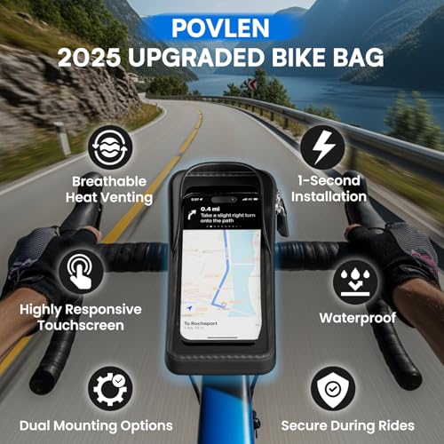 Povlen Waterproof Bike Frame Bag with Phone Holder, No Bounce Top Tube Bike Bag for Easy Access While Riding, Touchscreen Cycling Bag for Commuting, Road & MTB