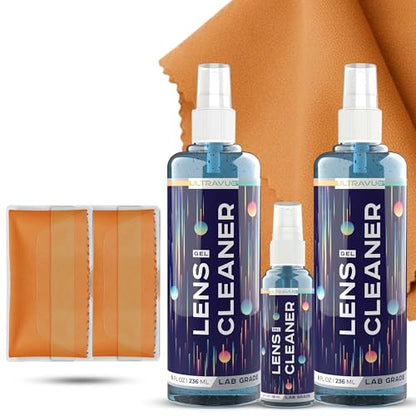 Eyeglass Gel Lens Cleaner Spray Kit - 2 x 8oz and 1 x 2oz Gel Eyeglasses Cleaner Spray Bottle + 2 Microfiber Cloth for Cleaning - Safe for All Lenses (AR Coated Included)