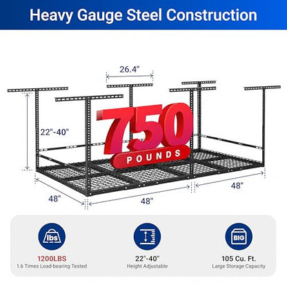 FLEXIMOUNTS 4x8ft Overhead Garage Storage Rack with Safety Rails, Black | 750 lbs Capacity, Adjustable 22-40" Height, 3-Sided Guard Rails, Heavy Duty Metal, Ceiling Storage System - color: Black