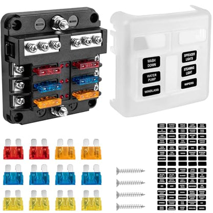 BetyBedy 6 Way Fuse Block, 12V Marine Fuse Box with LED Indicator, Automotive 6-Circuit Blade Fuse Block with Waterproof Cover for RV Motorcycle Boat Vehicle, 12PCS Fuses ＆ Tip Stickers Included - style: 6-Way