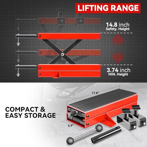 Auto Dynasty Motorcycle Lift Jack, 1100LBS Capacity 2-in-1 Steel ATV Scissor Lift Jack Stand Hoist with Saddle and Rubber Pad for Motorcycles, Bicycles, ATVs, UTVs, Dirt Bikes - size: 1100 LBS (2-in-1 with Rubber Pad)