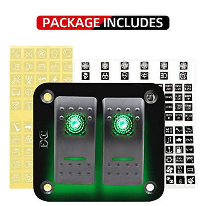 FXC Rocker Switch Aluminum Panel 2 Gang Toggle Switches Dash 5 Pin ON/Off 2 LED Backlit for Boat Car Marine Green - color: 2Gang Green, size: 2 Gang