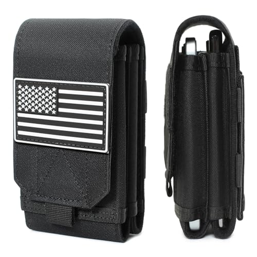 Tactical Molle EDC Phone Pouch Universal Dual Mobile Phone Holster Holder with US Flag Patch (Black) - color: Black